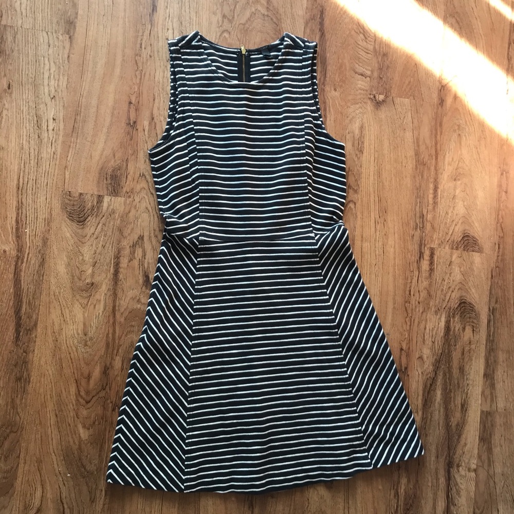 J. Crew Black and White Striped Sleeveless Fit-and-Flare Dress